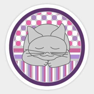 Sleeping Gray Cat Pink Pattern Oval Sticker